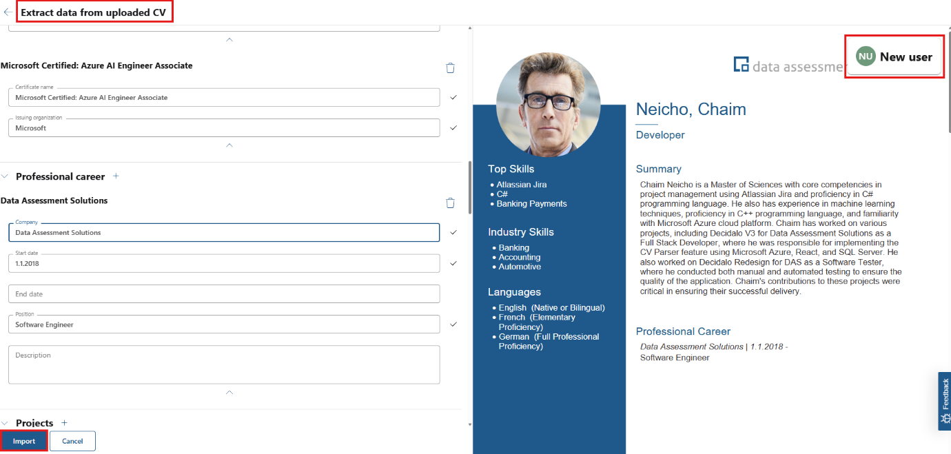 CV parser view with data extracted from an uploaded CV next to a preview of the CV
