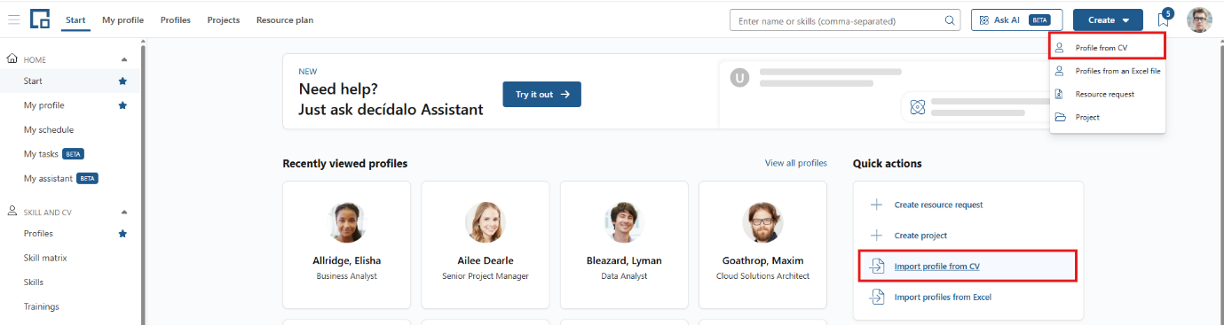 Create menu and quick actions with the import profile from CV options highlighted