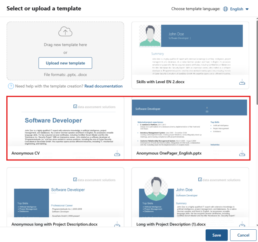 Template selection dialog with anonymous CV templates highlighted