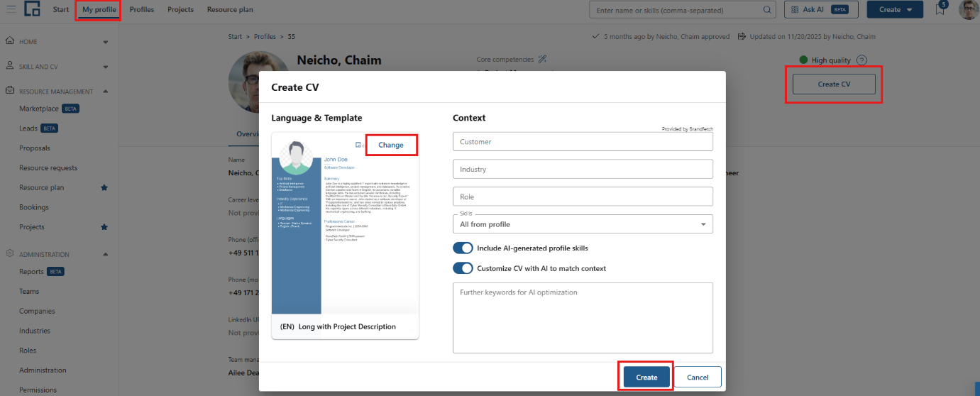 Create CV dialog with template selection and context fields for customer, industry and role