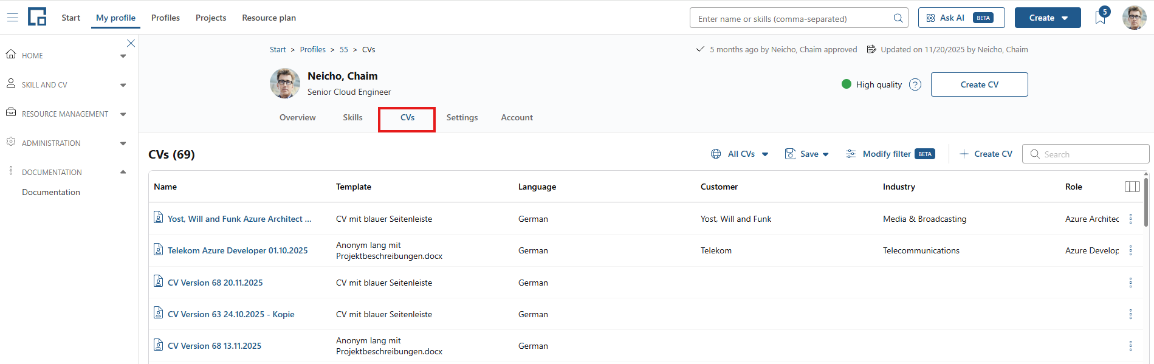 CVs tab of a profile listing the CVs created for that person
