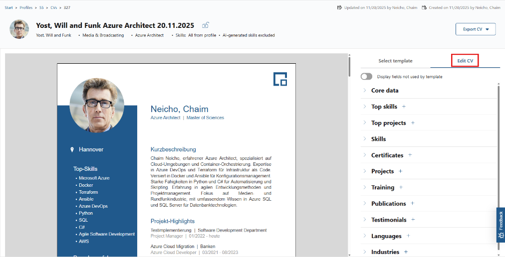 CV editor with a CV preview and the edit CV tab highlighted