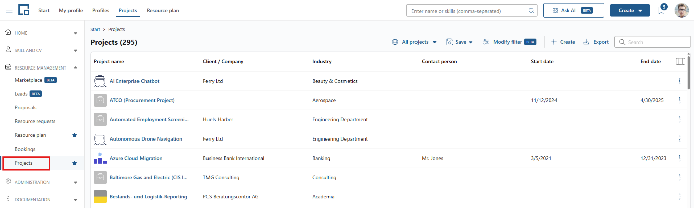 Central projects page listing projects with client, industry and dates