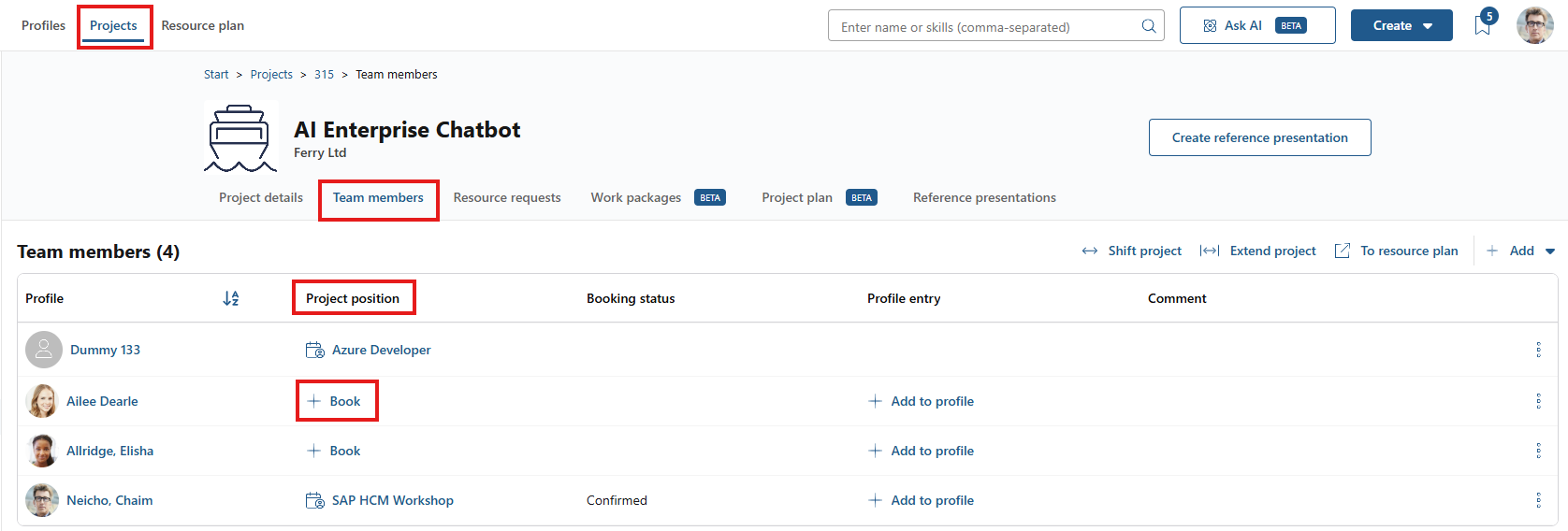 Team members tab of a project with the book action in the project position column highlighted