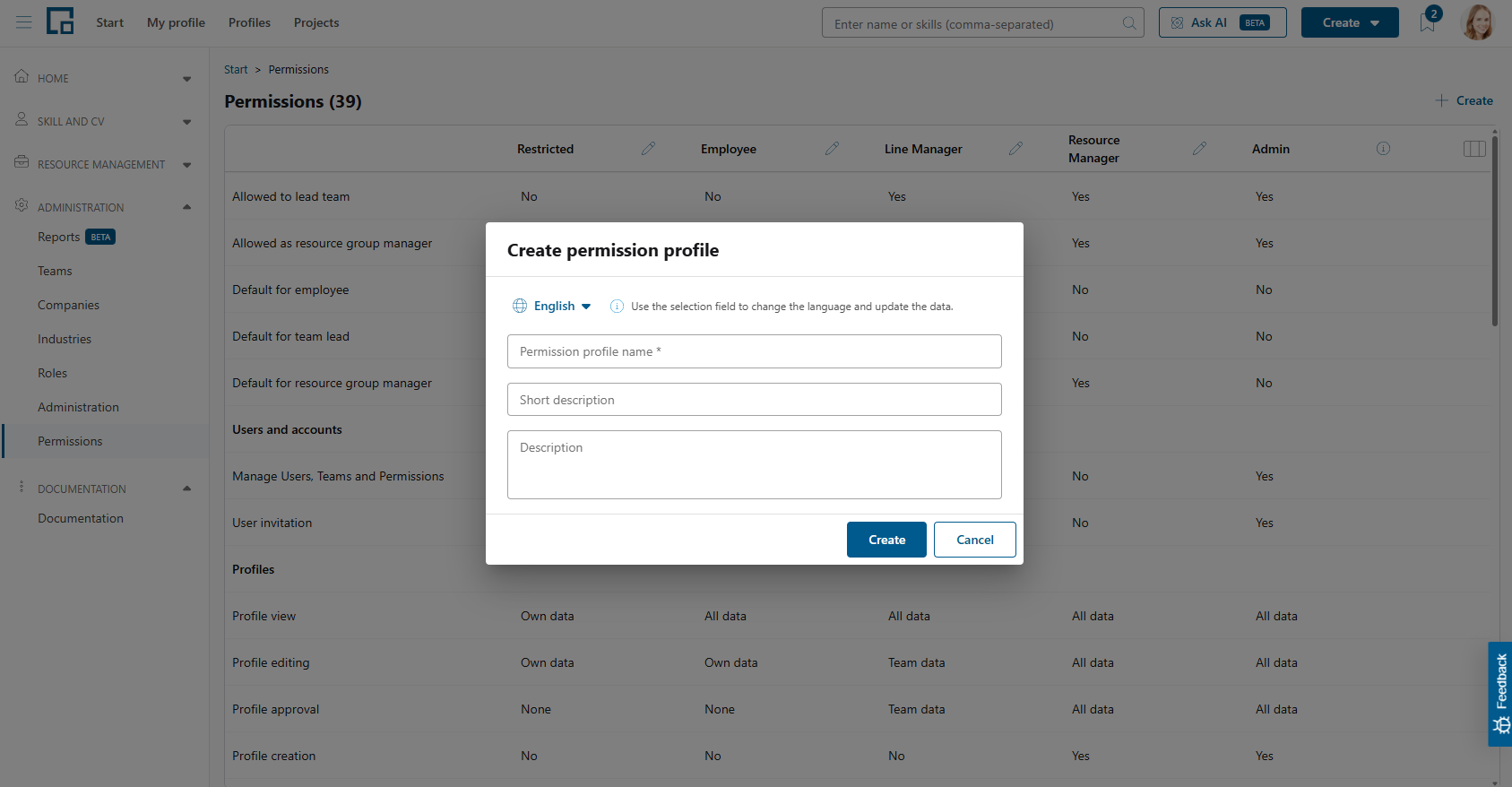 Create permission profile dialog with language selector, name, short description and description fields