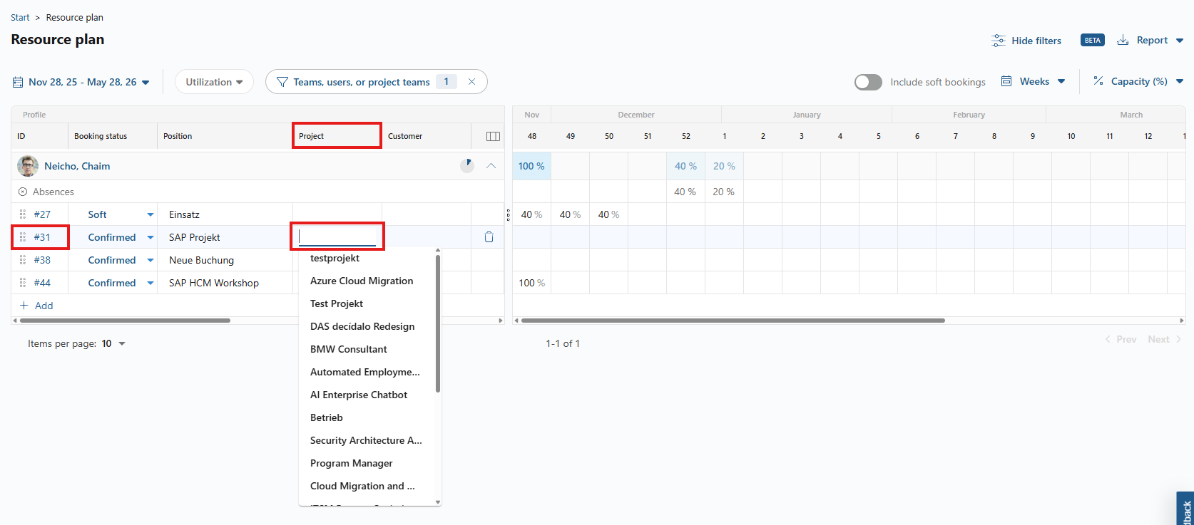 Resource plan with a project being selected for an existing booking