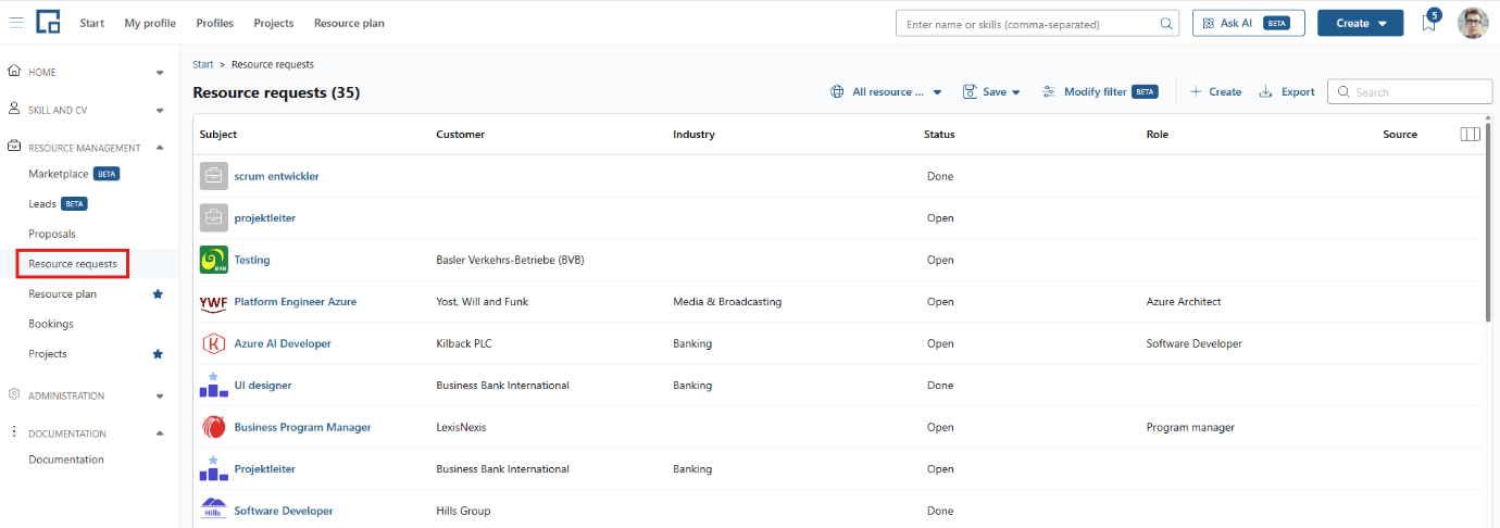 Resource requests page listing requests with customer, industry and status
