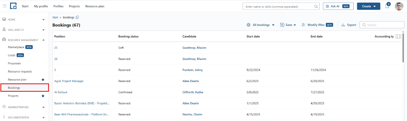 Bookings page listing bookings with position, booking status and dates