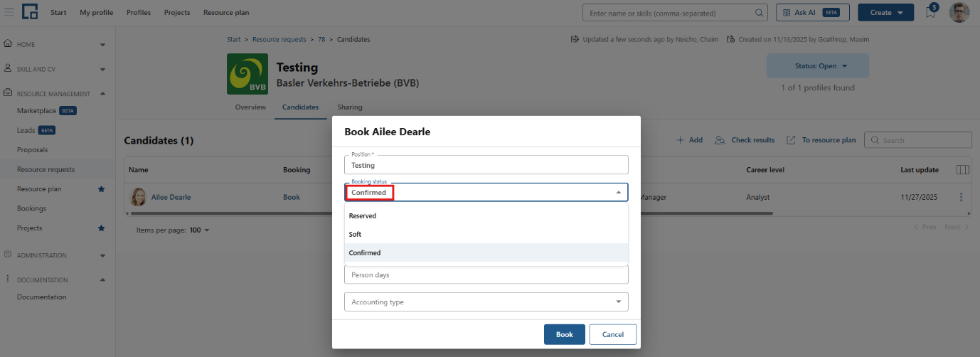 Book candidate dialog with the confirmed booking status selected