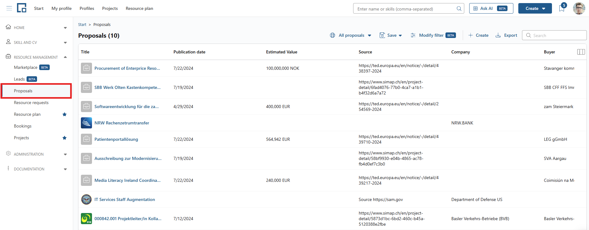 Proposals page listing public tenders with publication date, estimated value and source