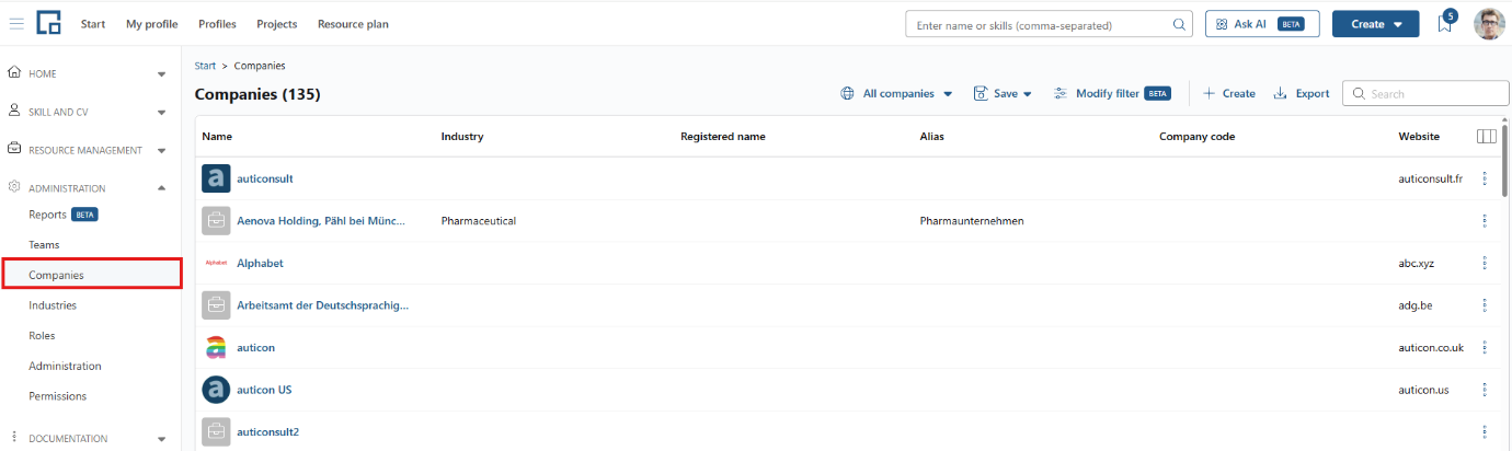 Companies page under Administration listing companies