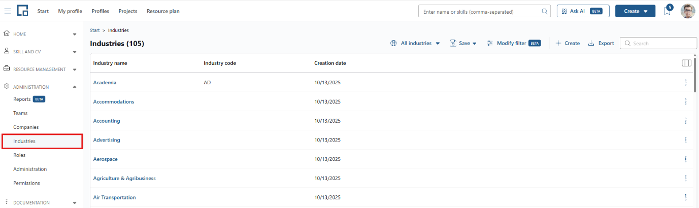 Industries page under Administration listing industries with code and creation date