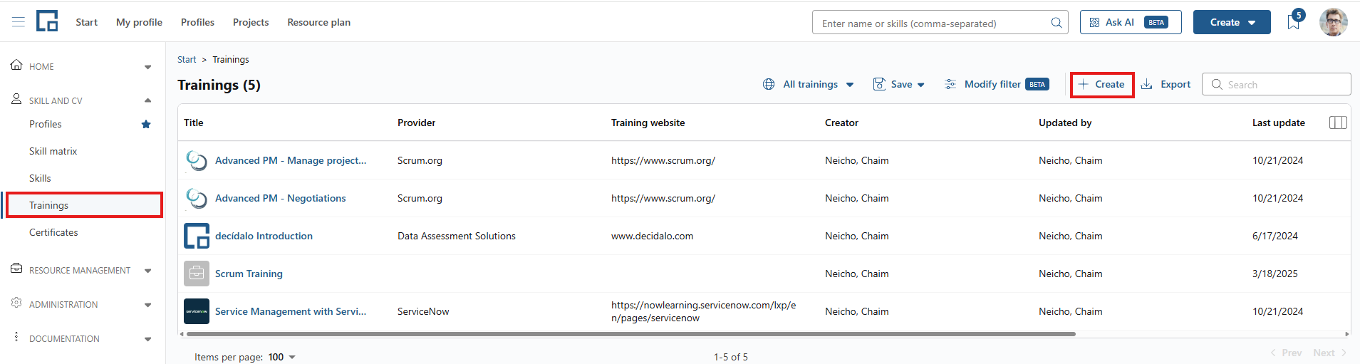 Central trainings page with the create button highlighted