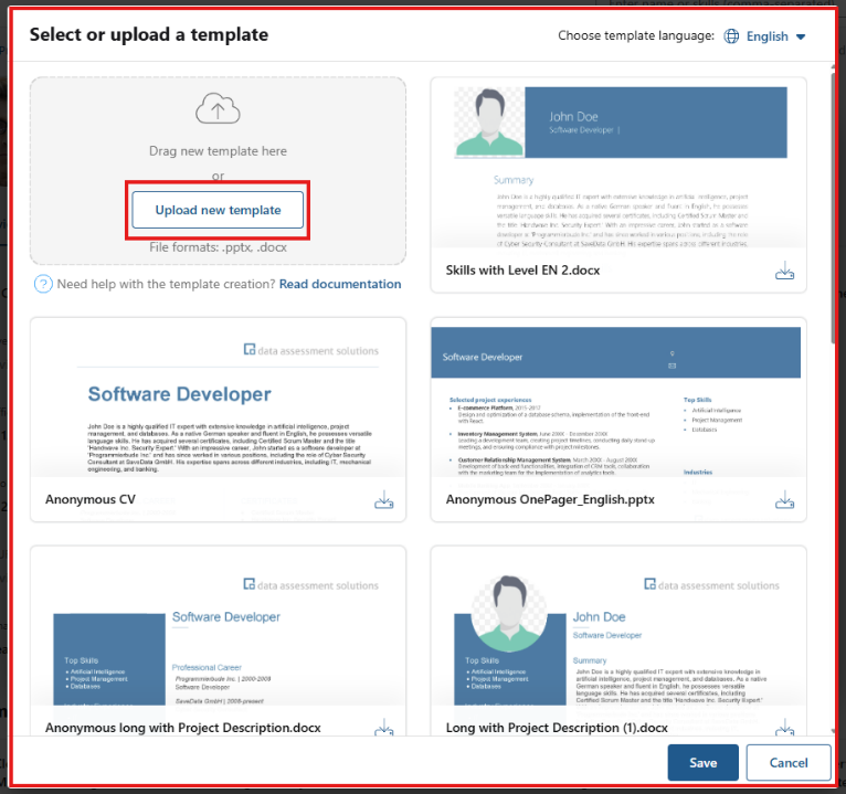 Template selection dialog with the upload new template button highlighted