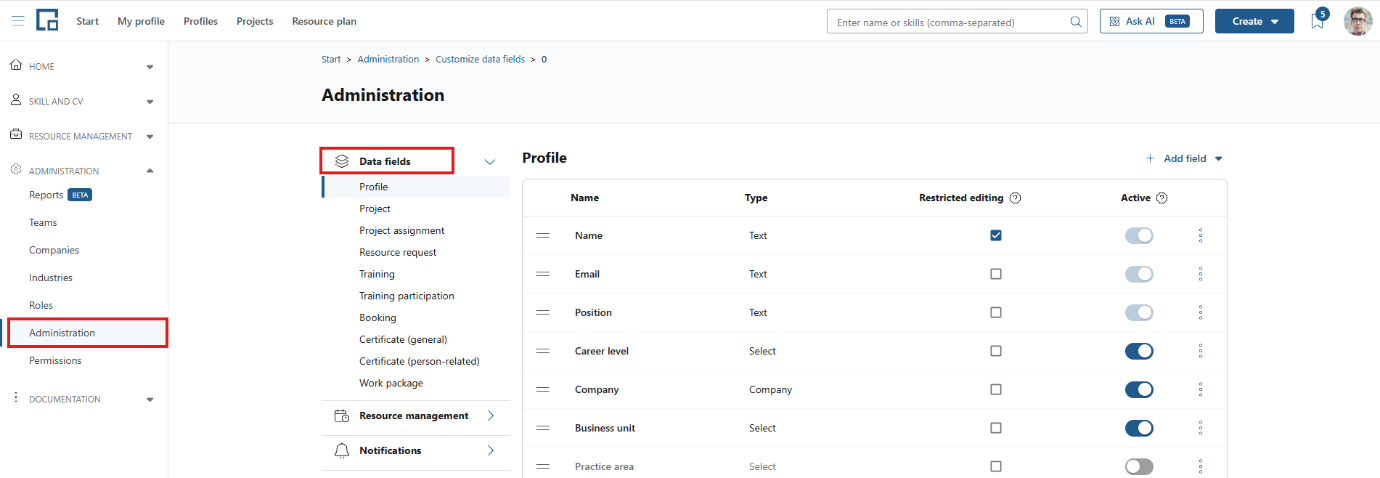 Data fields administration page listing profile fields with type and active toggle