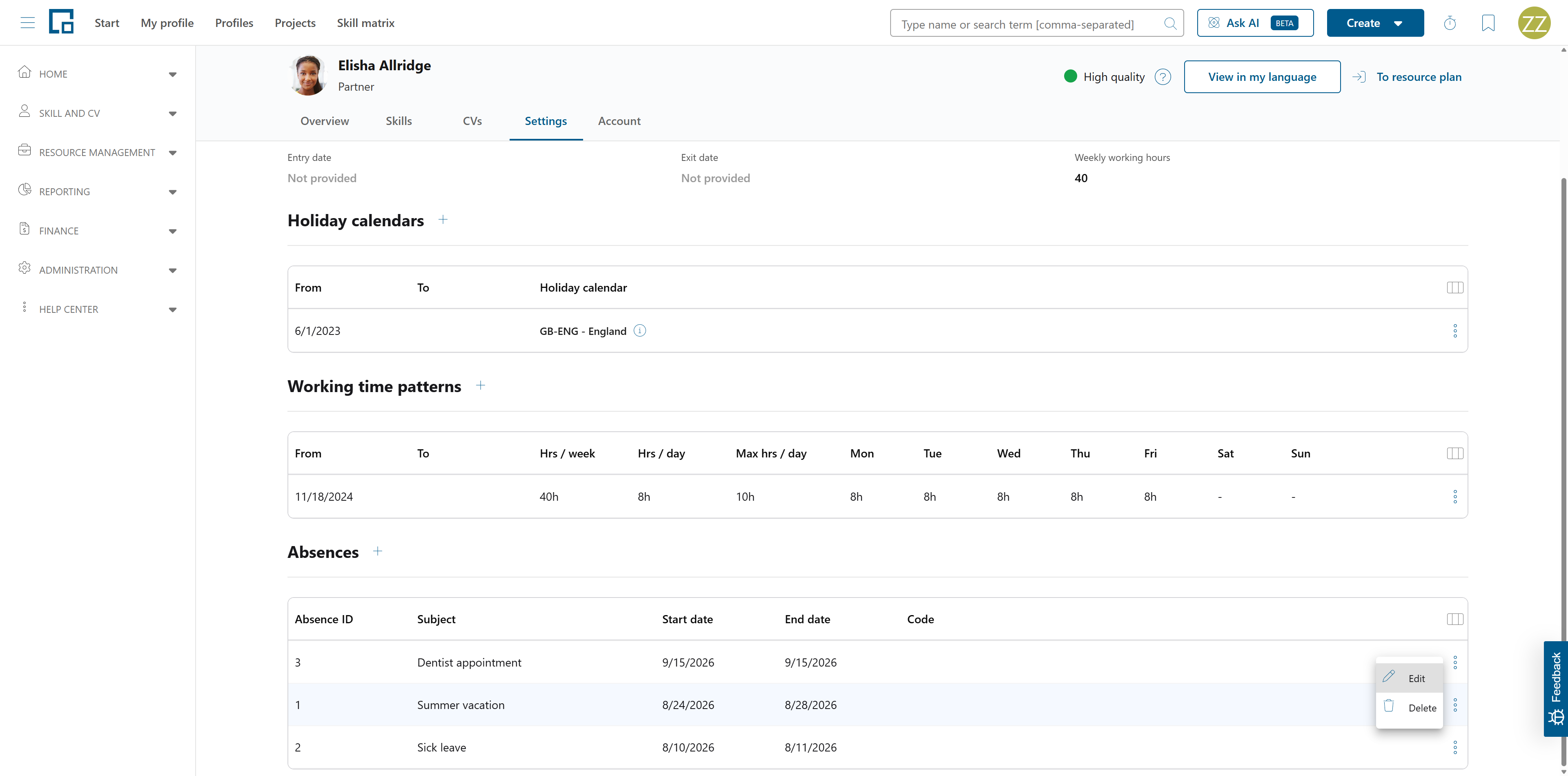 Absences table on the profile settings tab with edit and delete actions for an absence