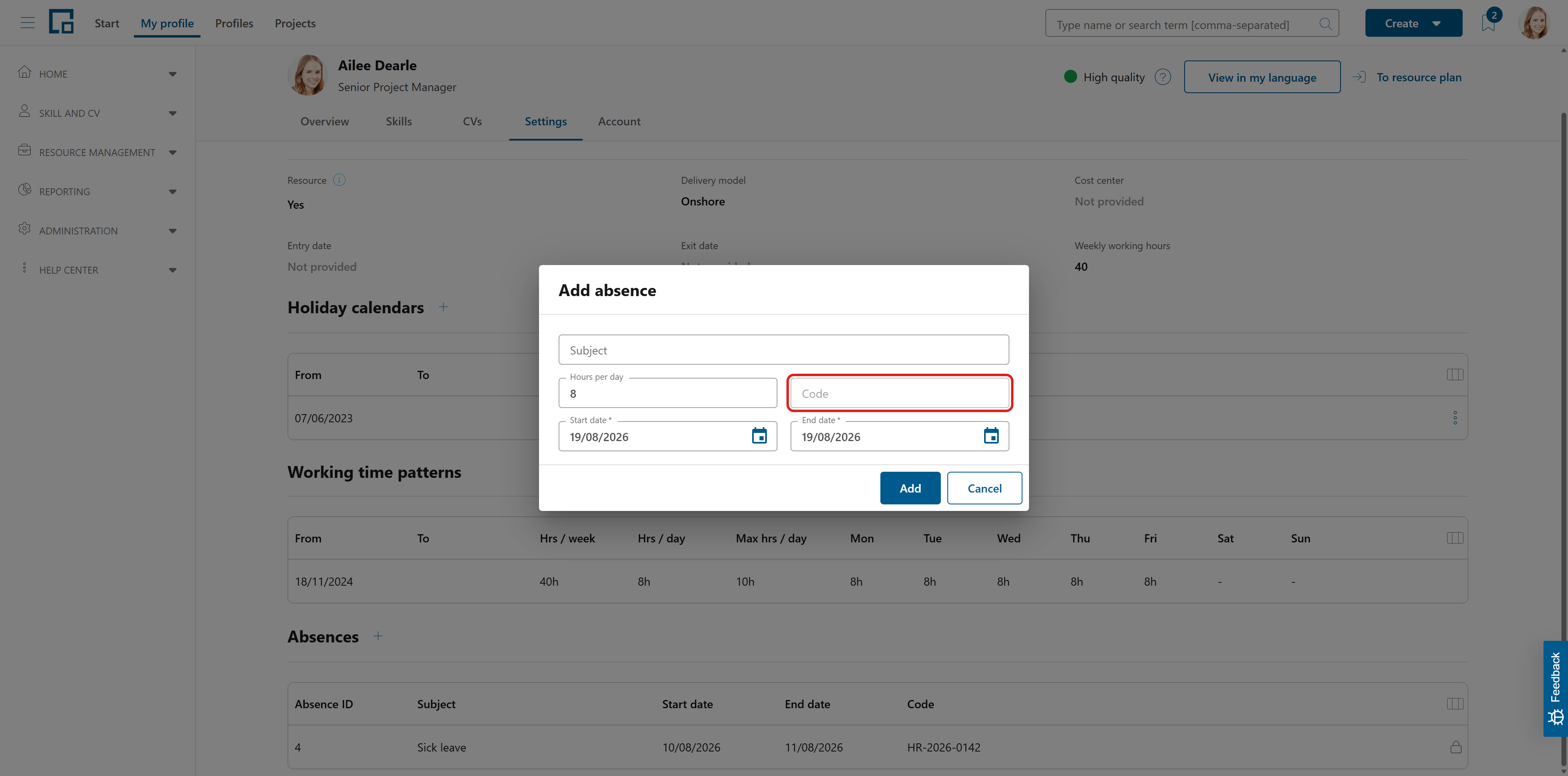 Add absence dialog with the code field highlighted and an imported absence shown with a lock