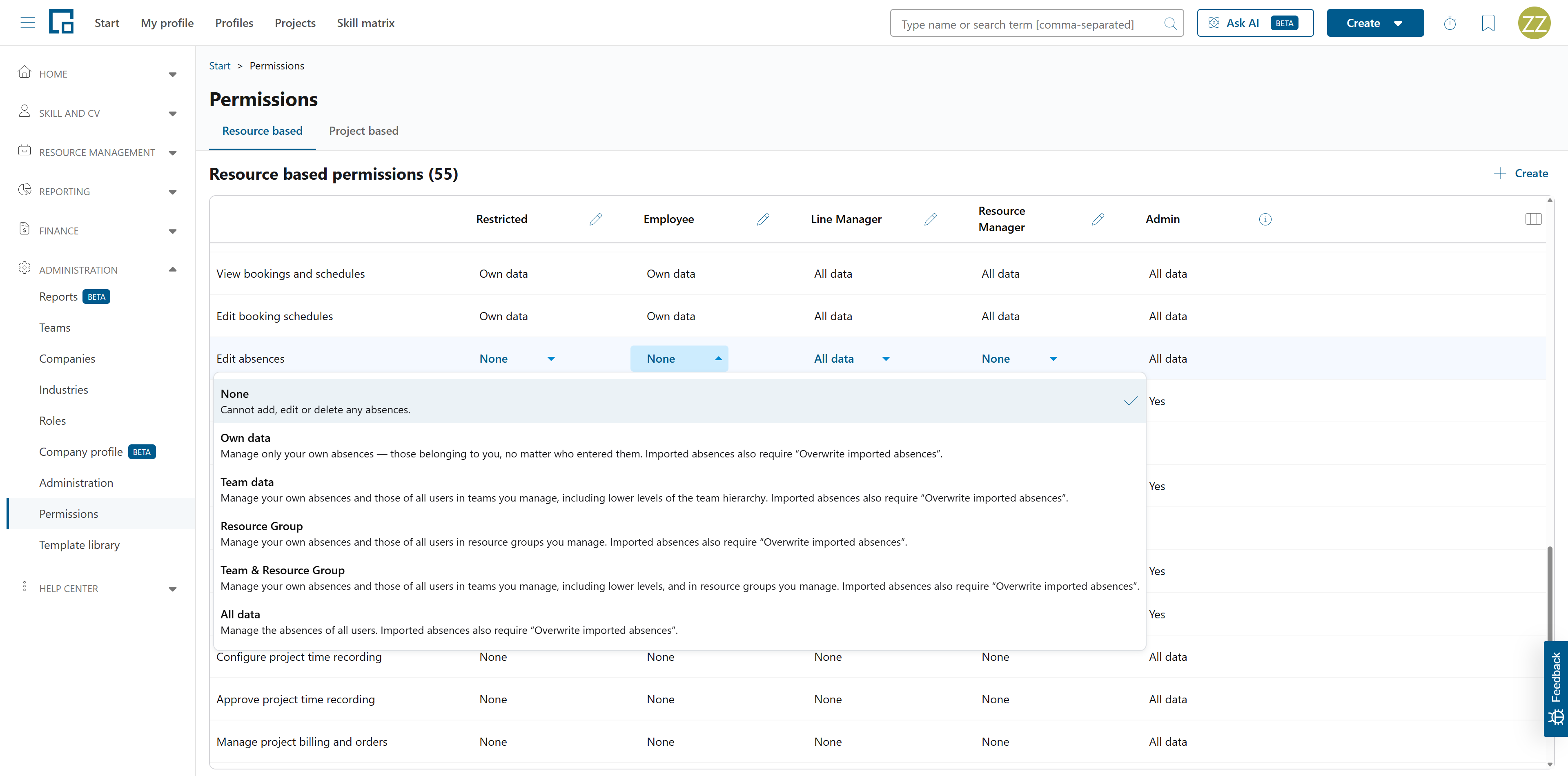 Permission matrix cell opened as a dropdown listing the selectable values with explanations