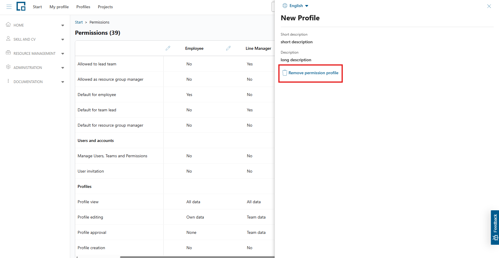 Permission profile side drawer with the remove permission profile button highlighted