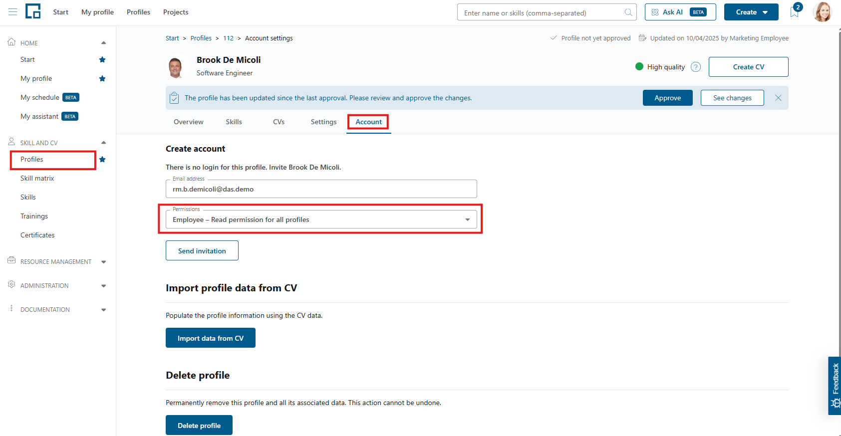 Account tab of a profile with the create account form and the permission profile selection highlighted