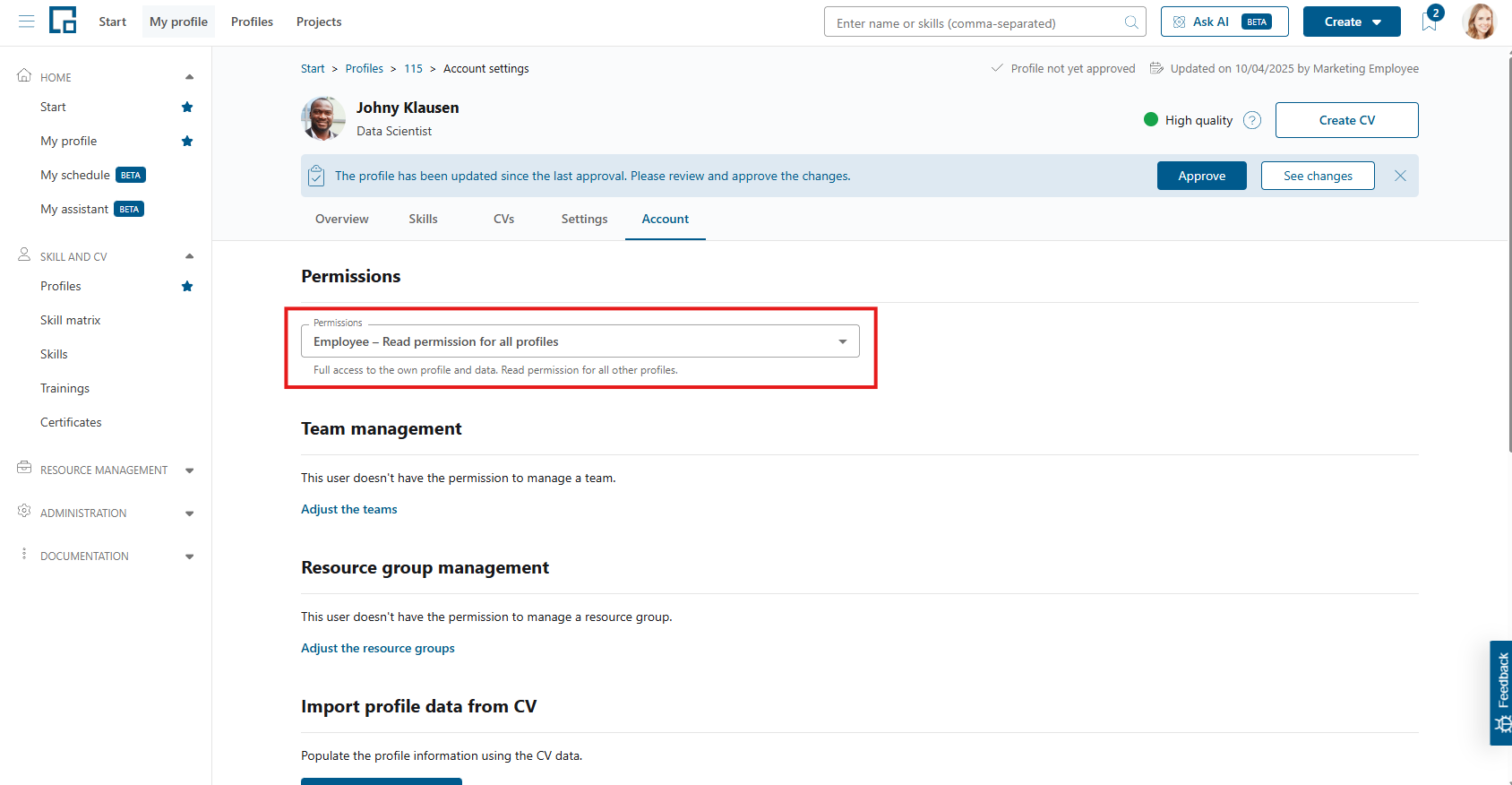 Account tab of an existing user with the assigned permission profile selection highlighted