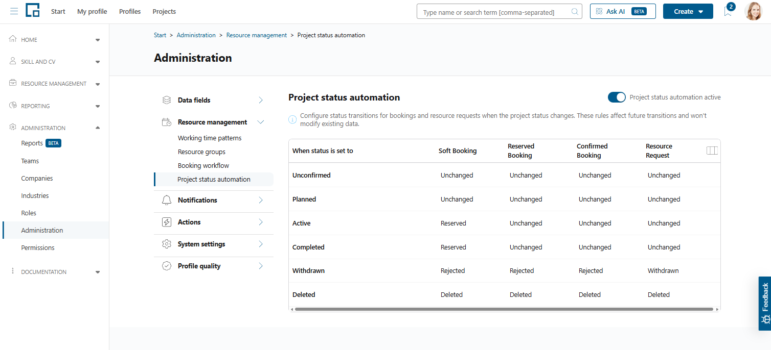 Project status automation table mapping each project status to booking and resource request statuses, with an on/off switch