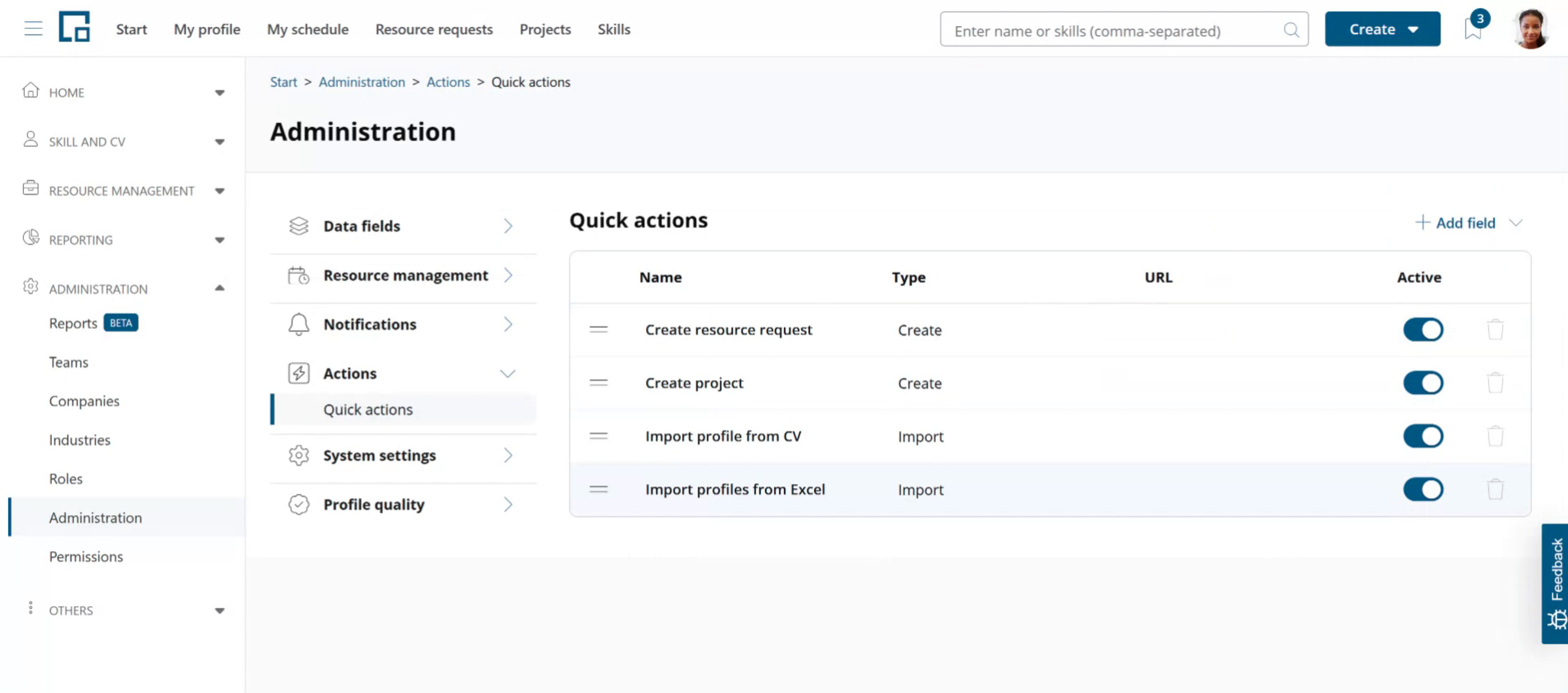 Quick actions administration list with active toggles, drag handles and the add field button