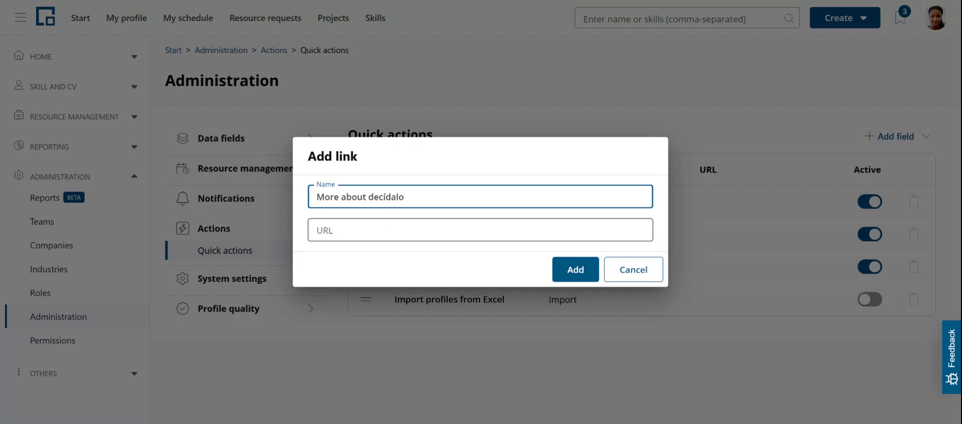 Add link dialog with name and URL fields