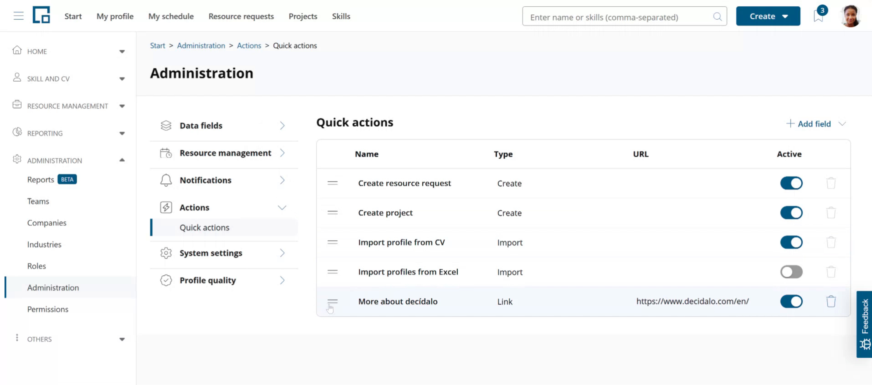 New link added at the bottom of the quick actions list, with one default action switched off