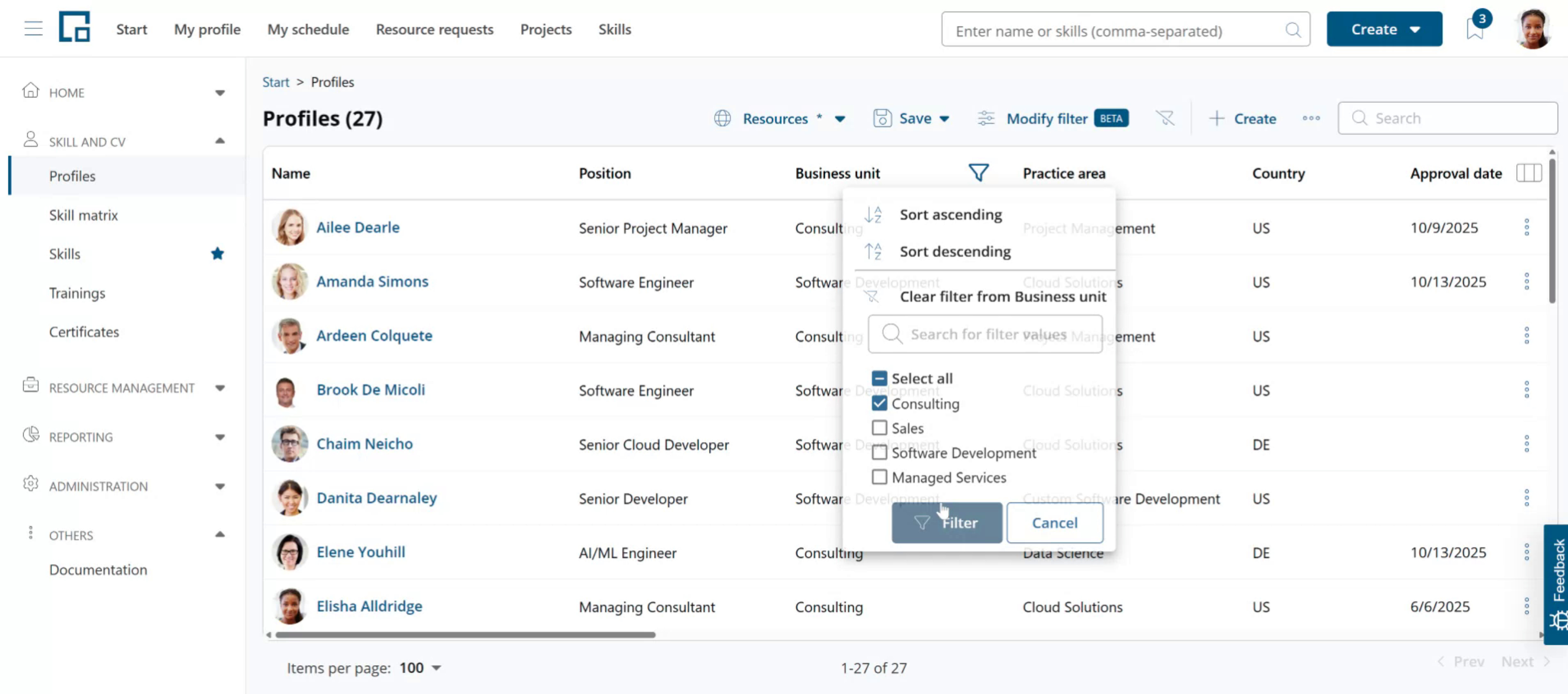 Profiles table with a column filter open on business unit to narrow down a group of employees