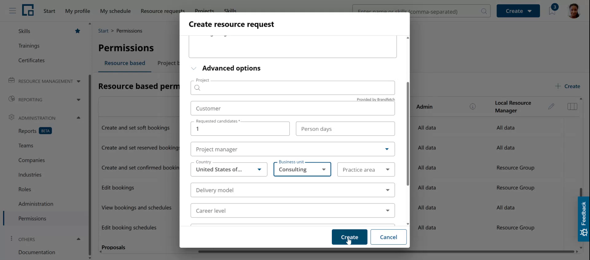 Create resource request dialog with country and business unit set in the advanced options
