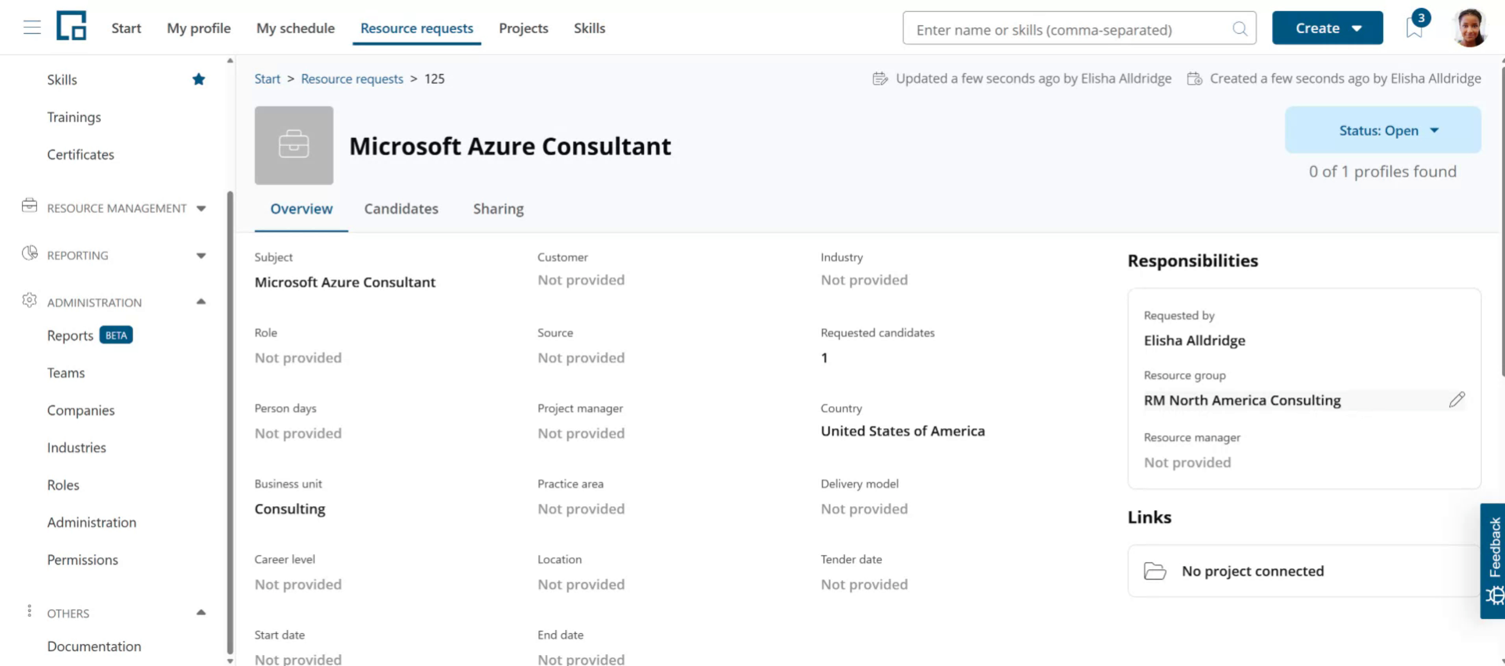Resource request overview with the automatically assigned resource group in the responsibilities section