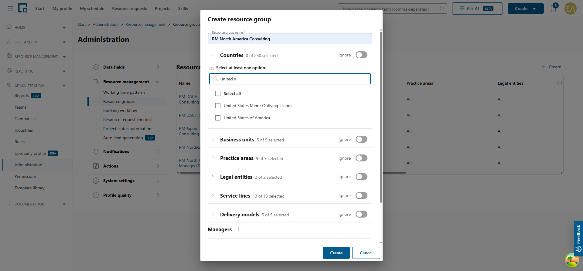 Create resource group dialog with the countries section expanded and a search to select specific countries