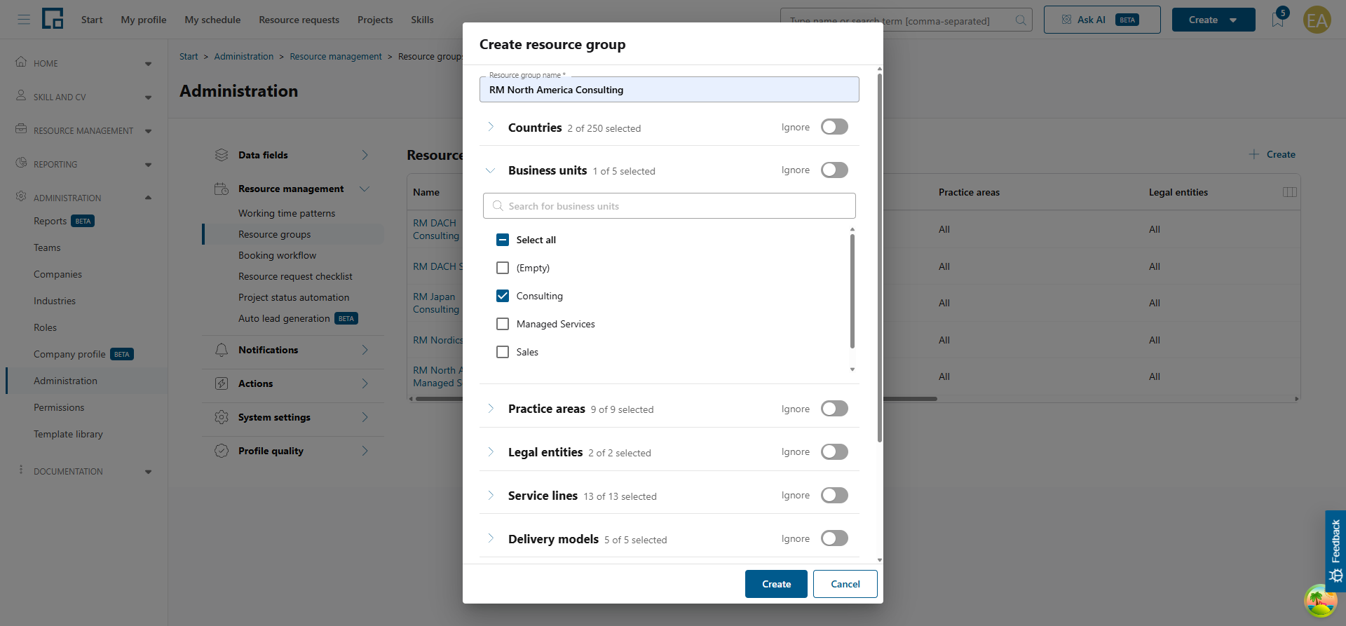 Business units section expanded with a single business unit selected and an ignore toggle per criterion
