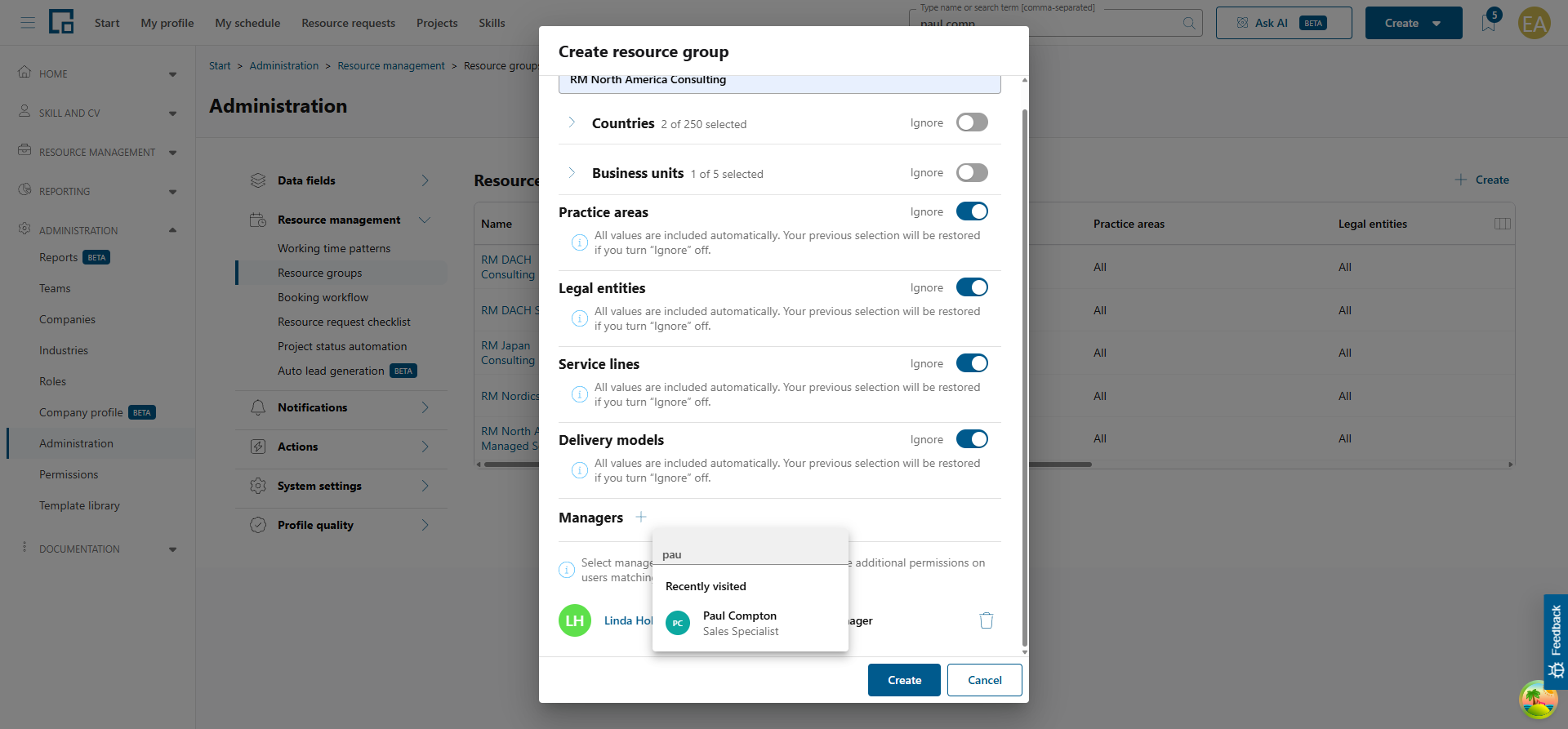 Managers section with a searchable profile popover for adding a resource group manager