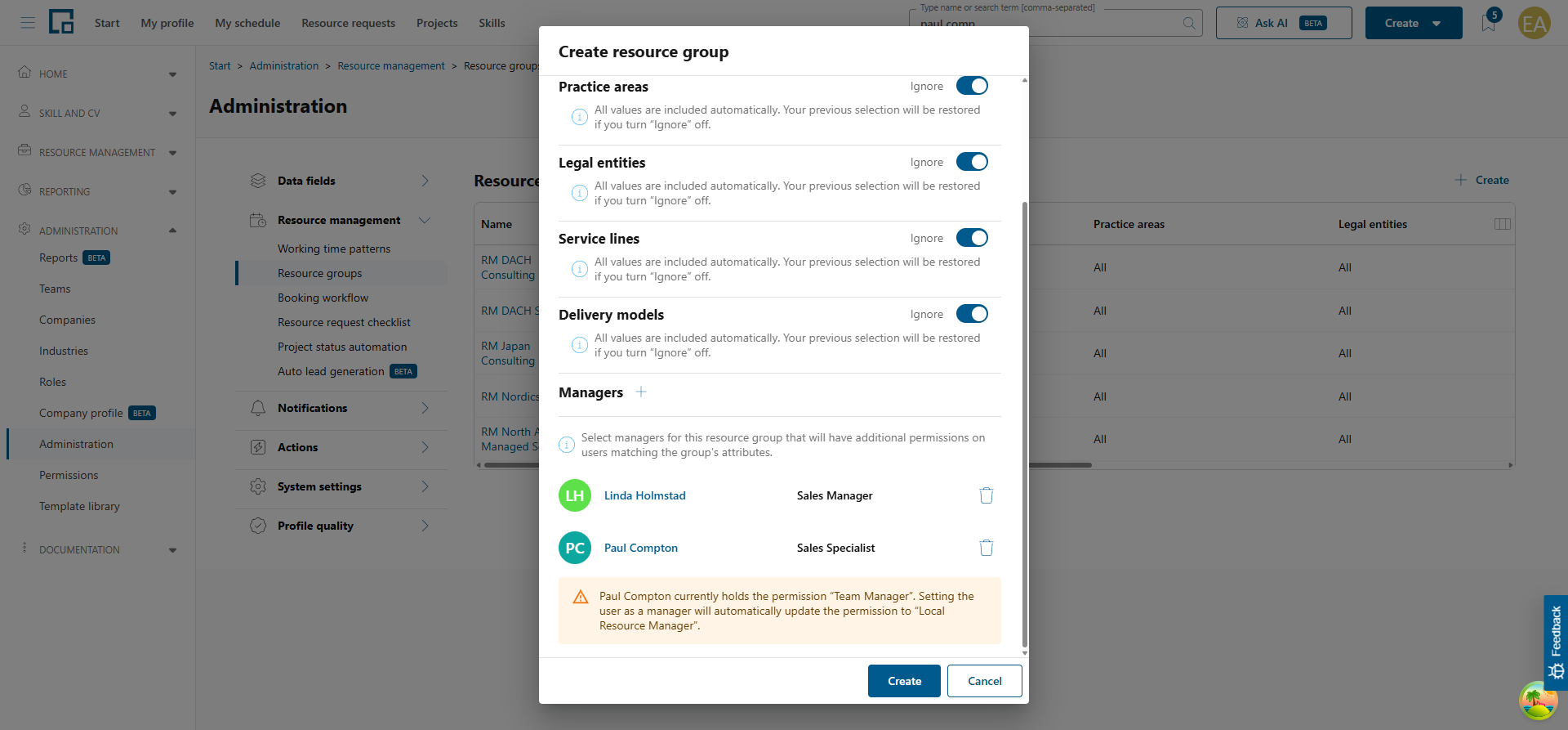 Two managers added with a warning that one user’s permission profile will be updated automatically