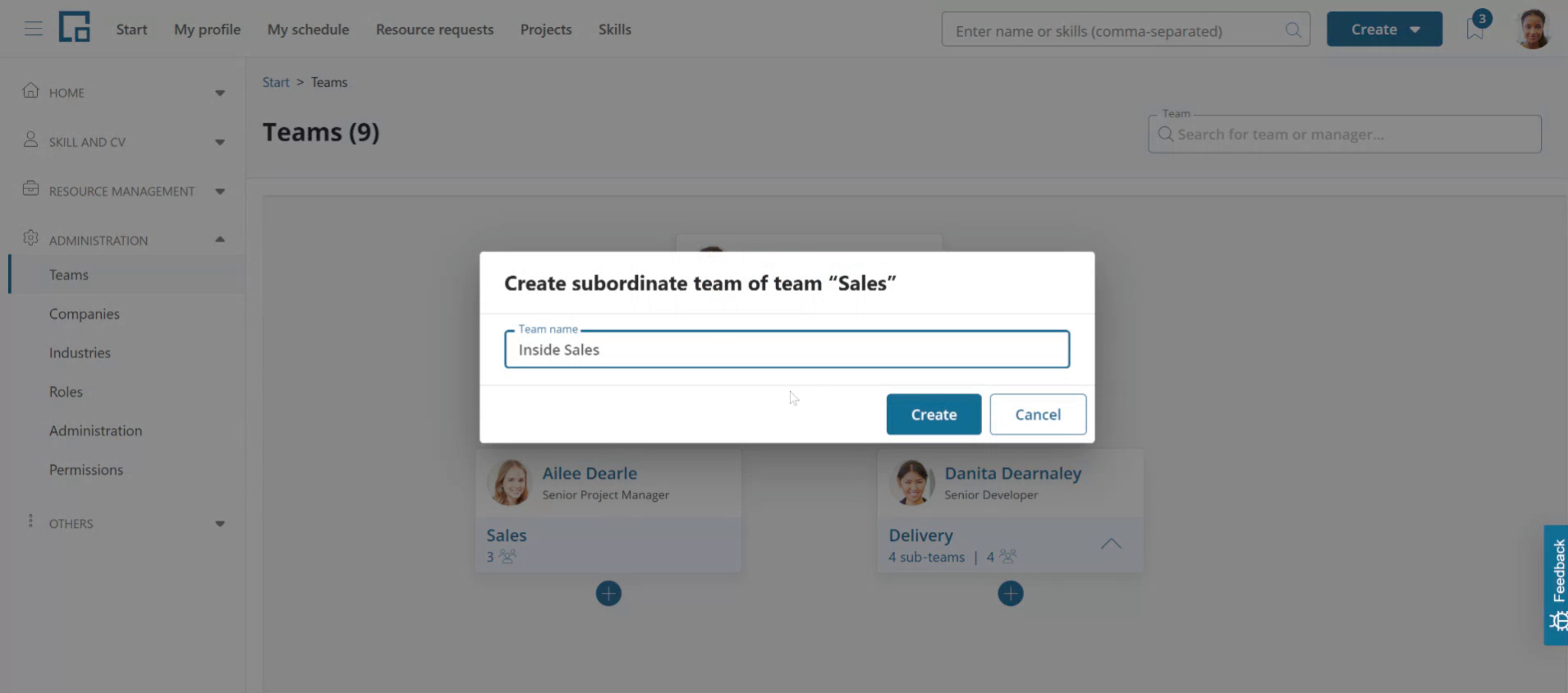 Pop-up for creating a subordinate team with a team name field