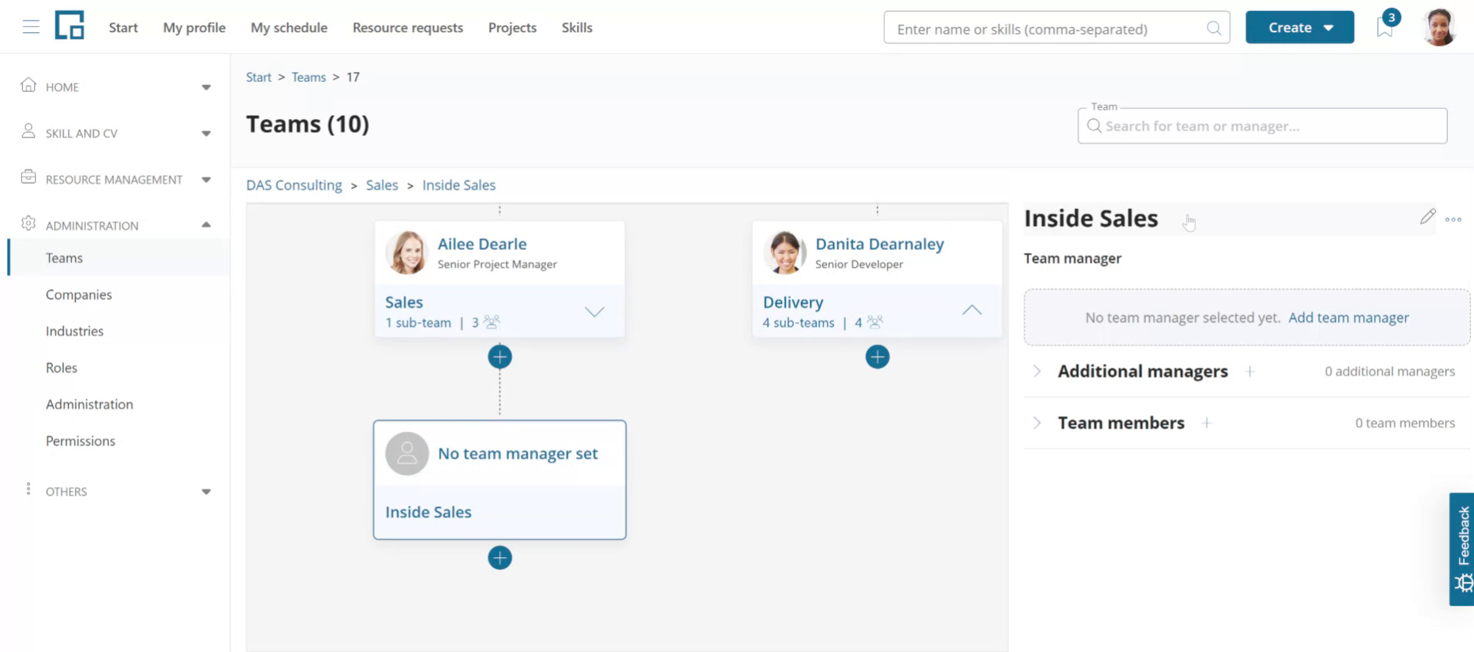 Team side panel with team manager, additional managers and team members sections