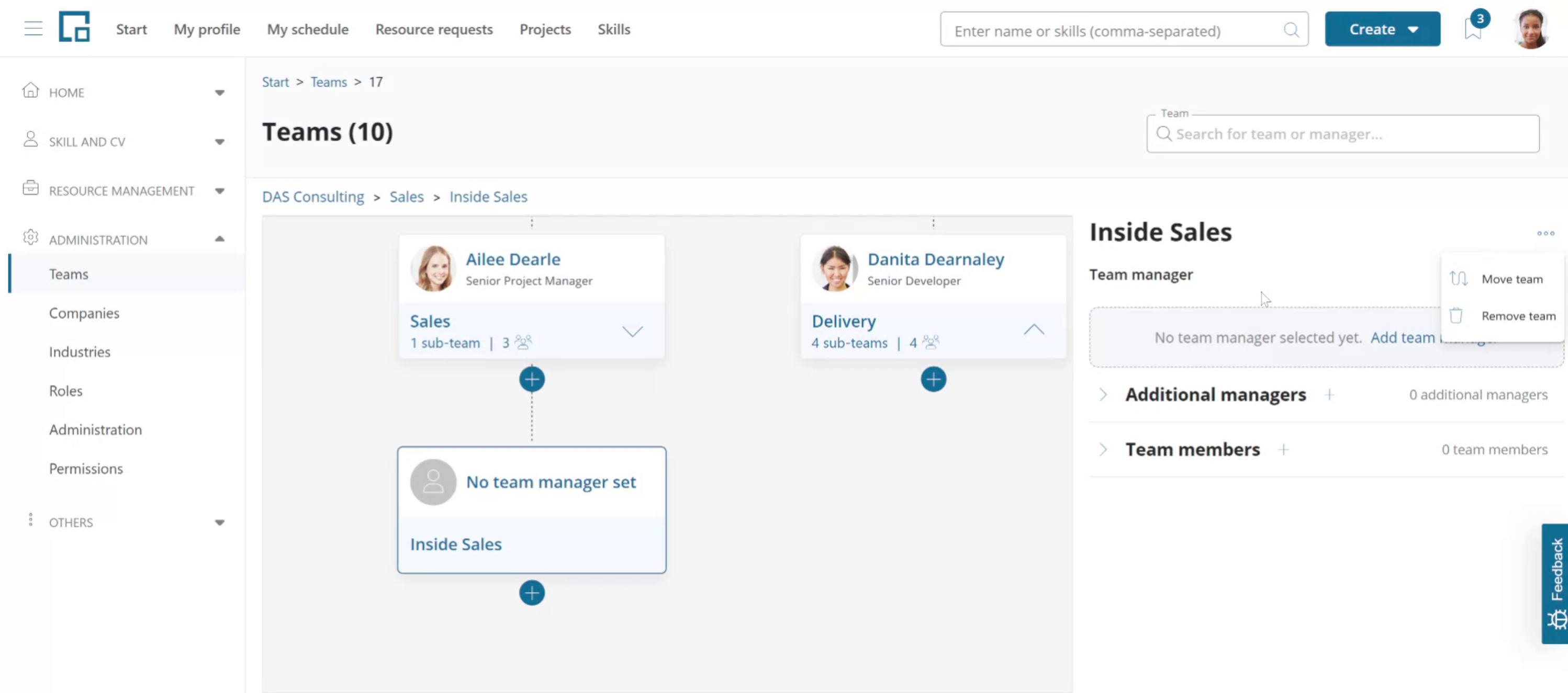 Three-dots menu of a team with the move team and remove team options
