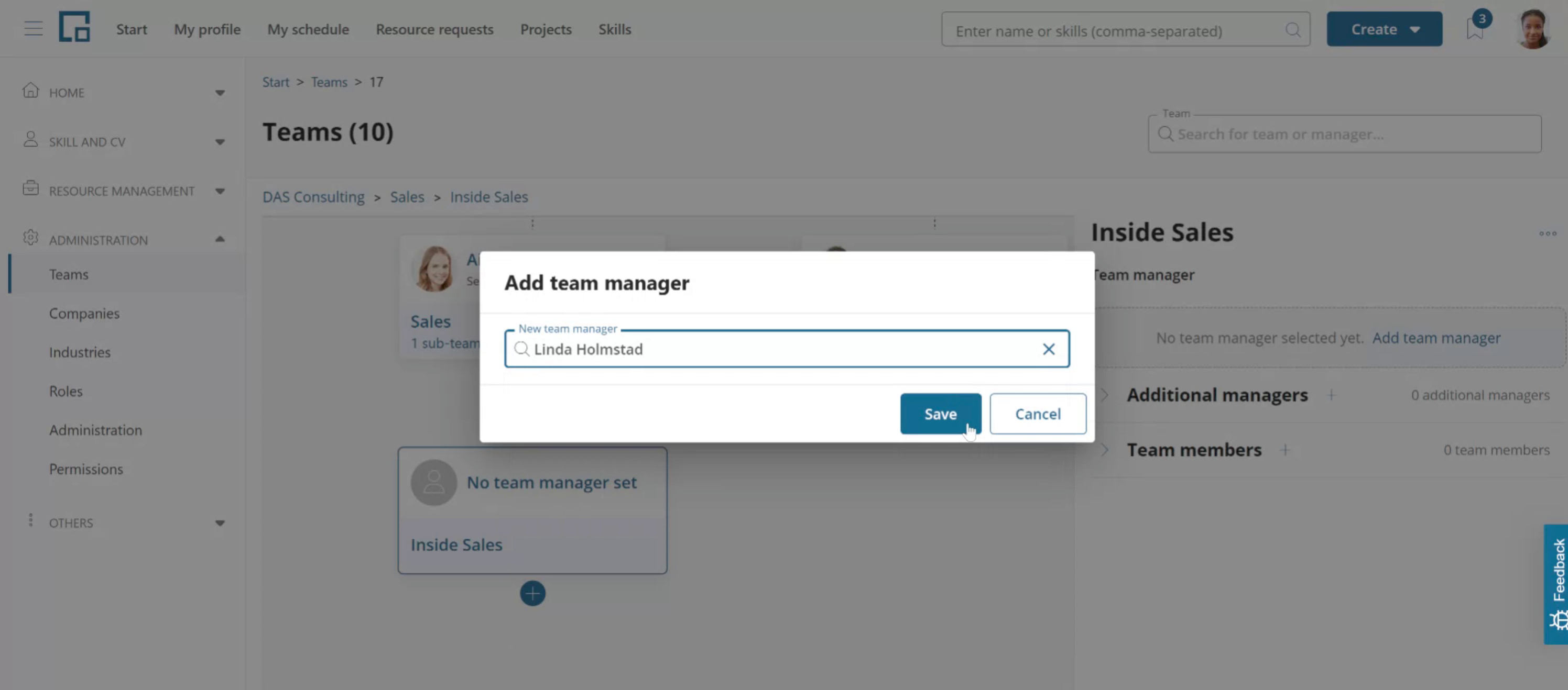 Add team manager pop-up with a person selected as the new team manager