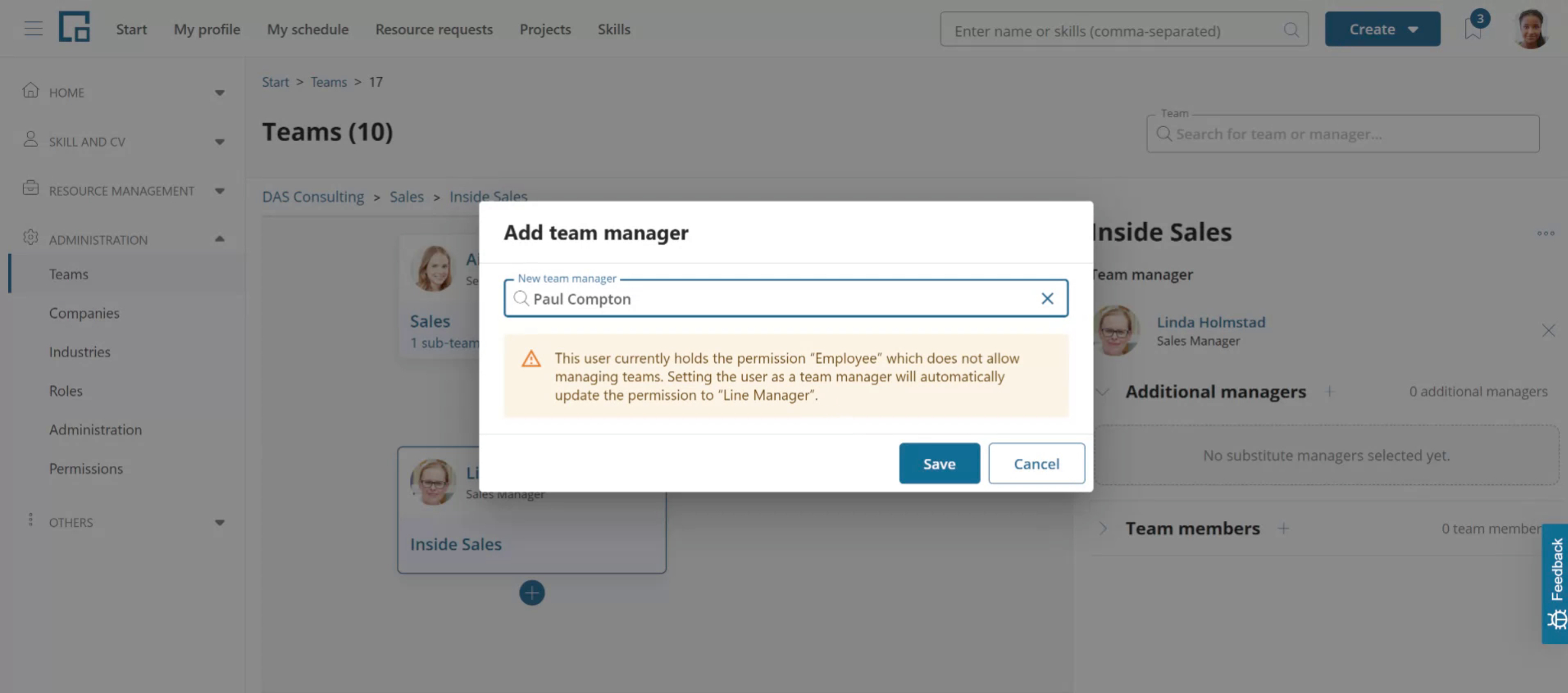 Warning that the selected manager’s permission profile will be changed automatically to allow managing teams