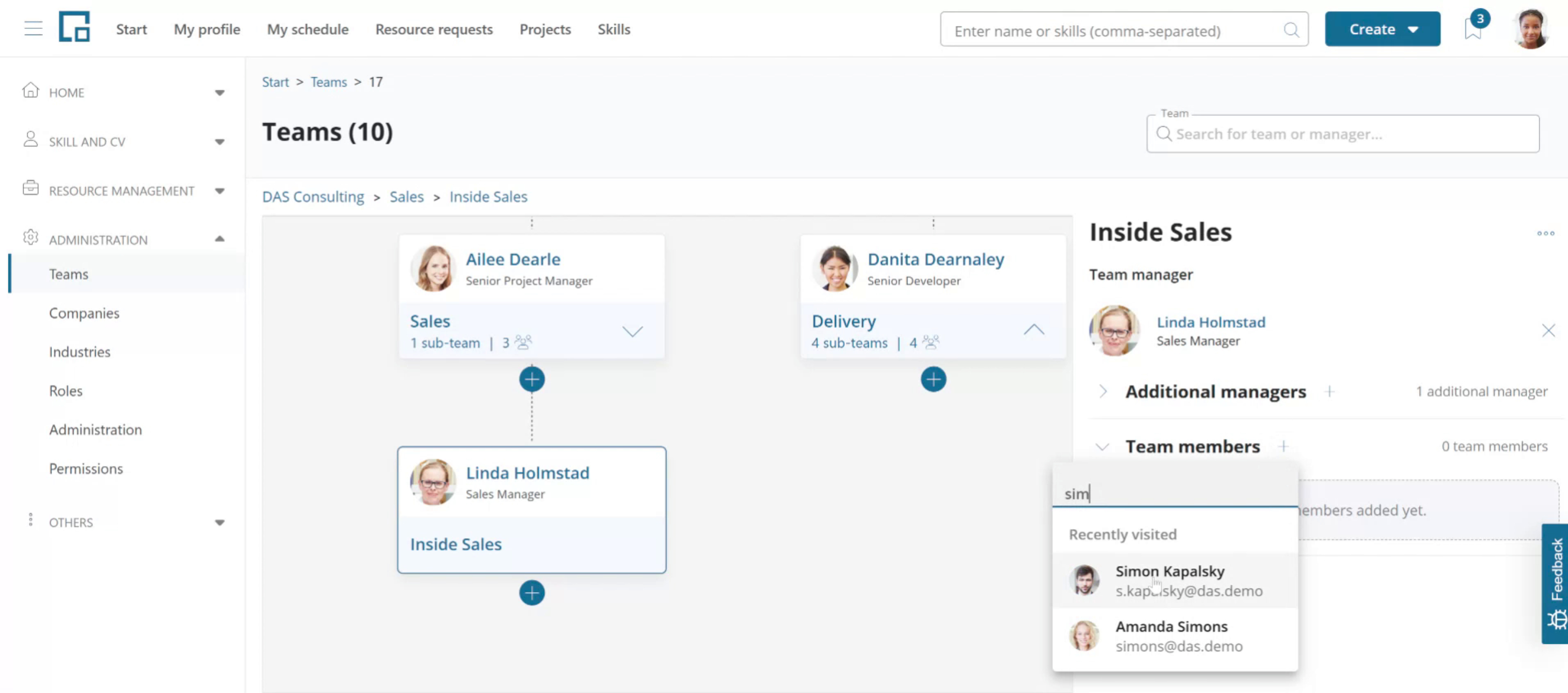 Team members pop-out with a search field and a list of matching people to add
