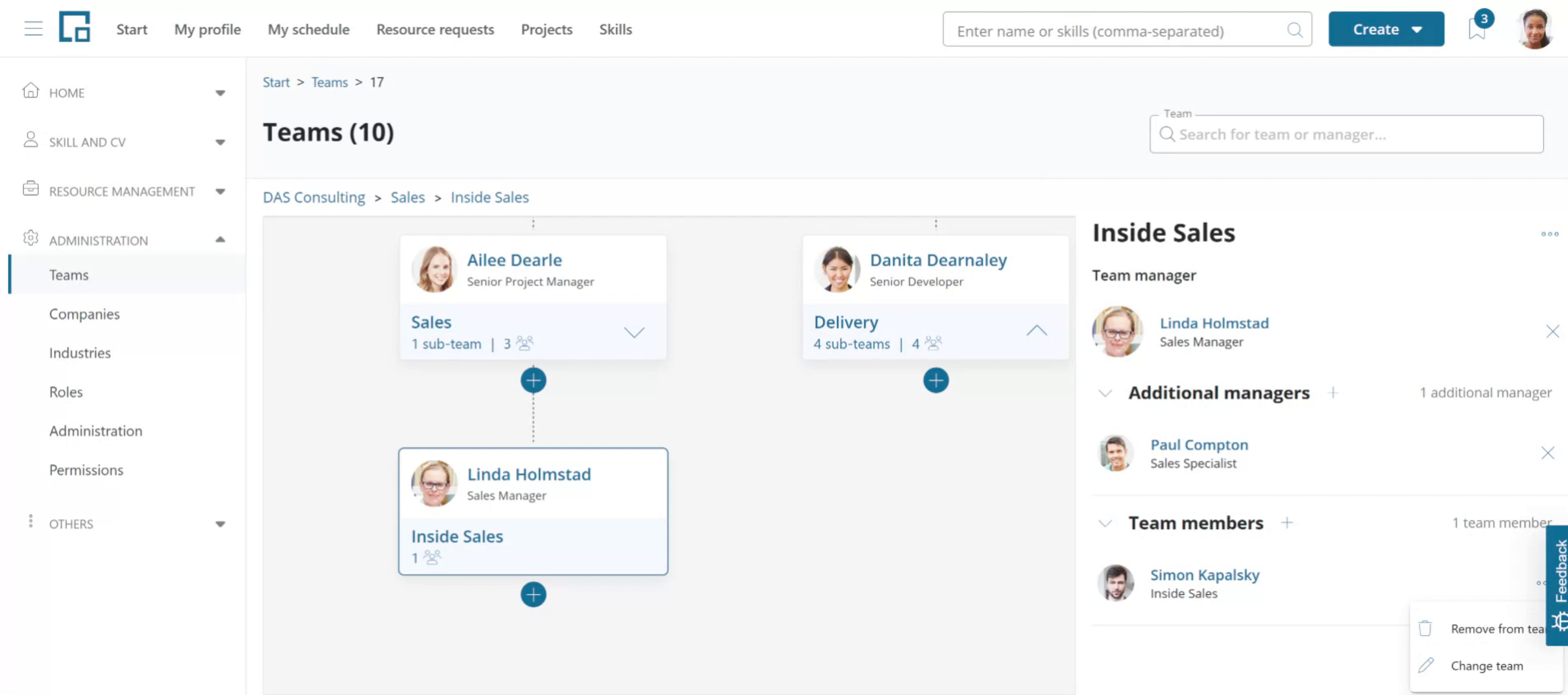 Team member menu with options to remove the person from the team or change their team