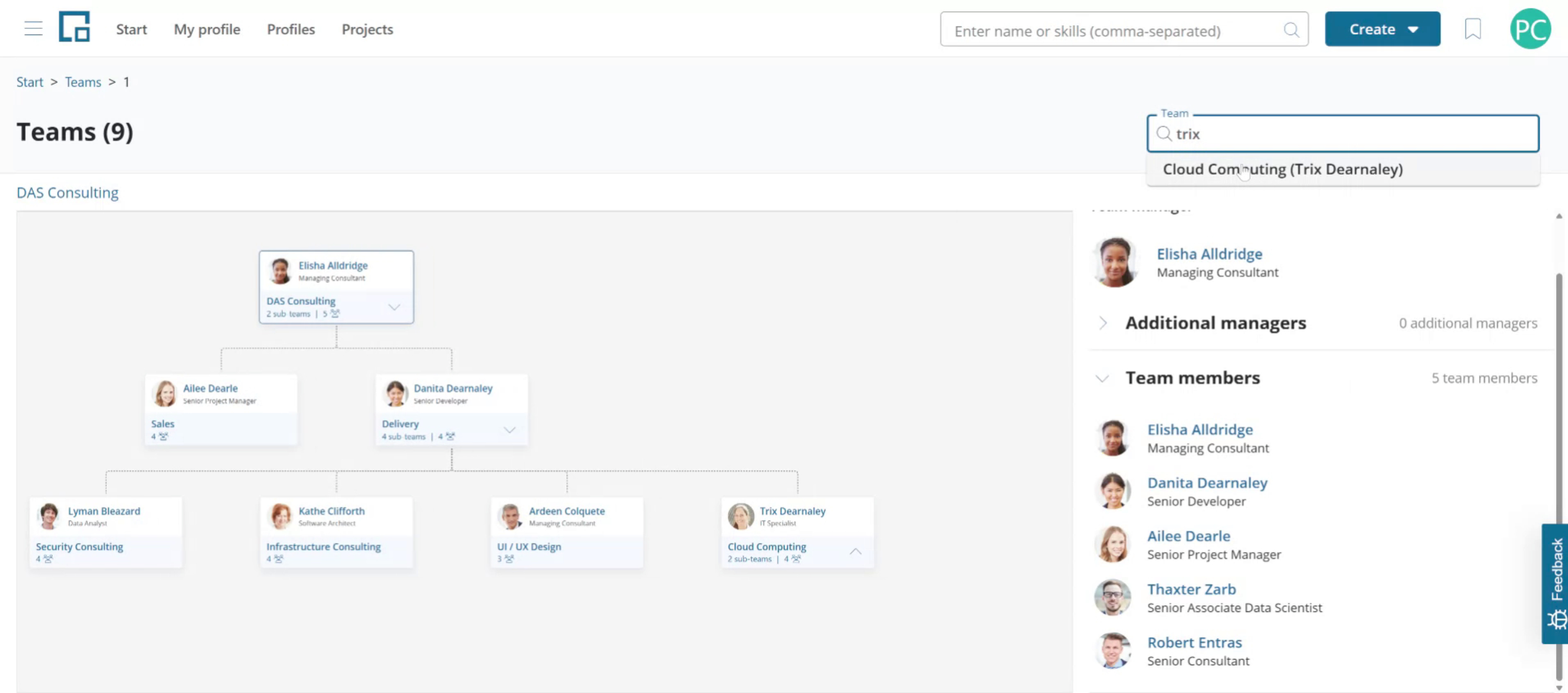 Team search box with an autocomplete suggestion showing a team and its manager