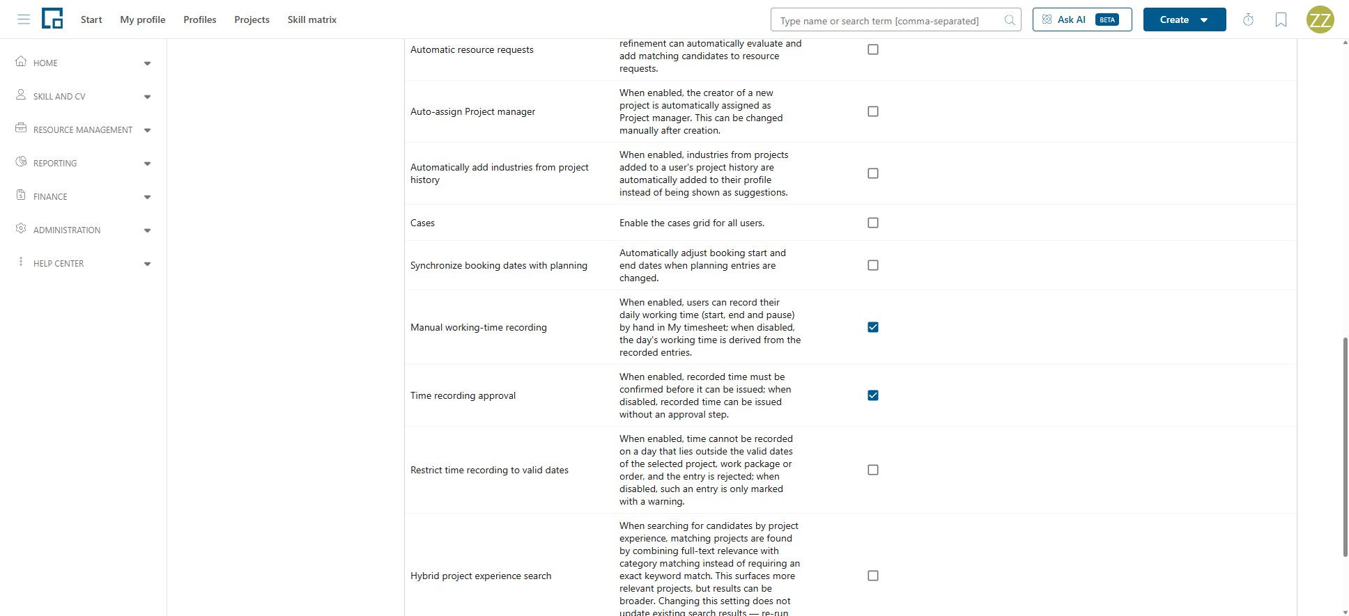 Feature settings list with the time recording options for manual working time, approval and valid dates