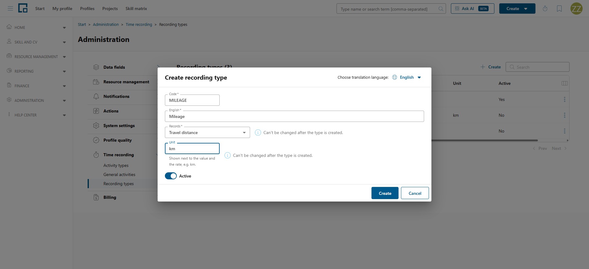 Create recording type dialog for a travel distance with code, name, unit and active toggle