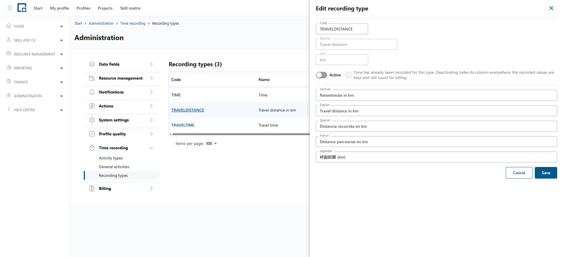 Edit recording type drawer with the active switch off, a note that recorded values are kept, and names per language