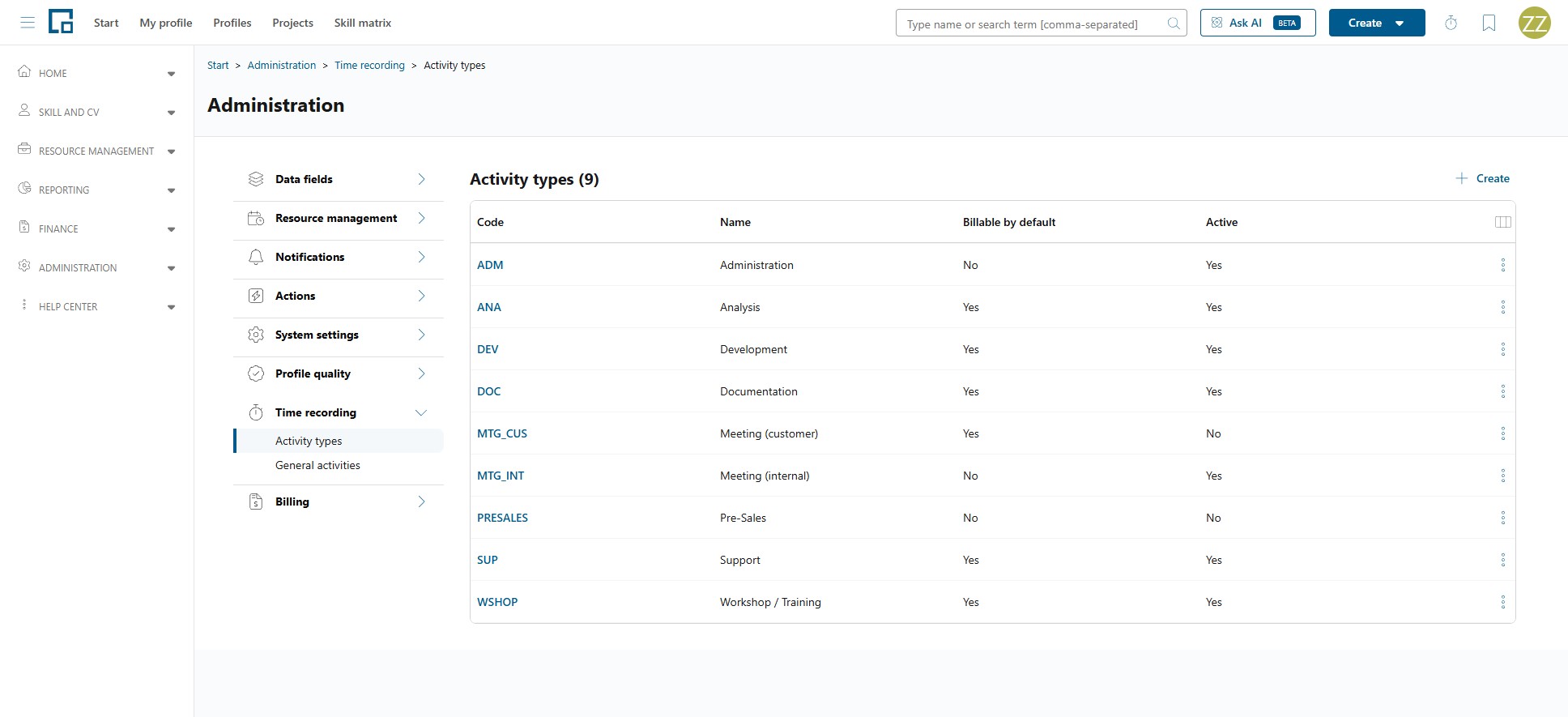 Activity types grid with code, name, billable by default and active columns