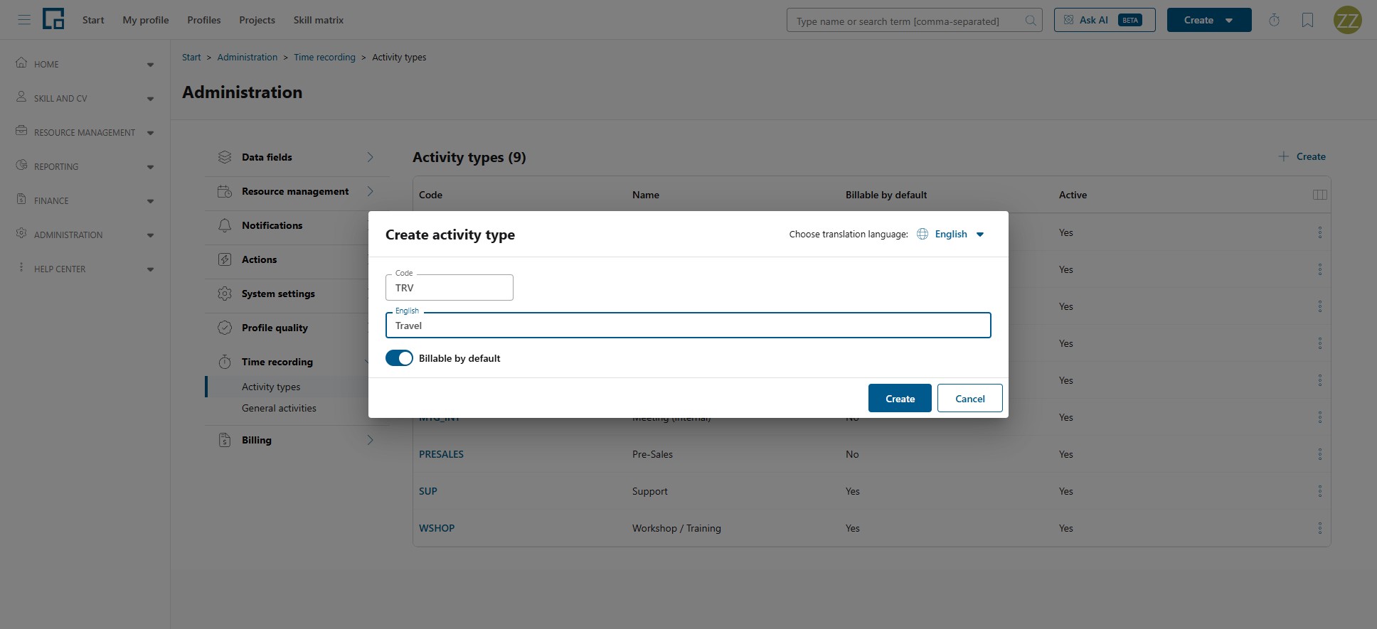 Create activity type dialog with code, translated name and a billable by default toggle