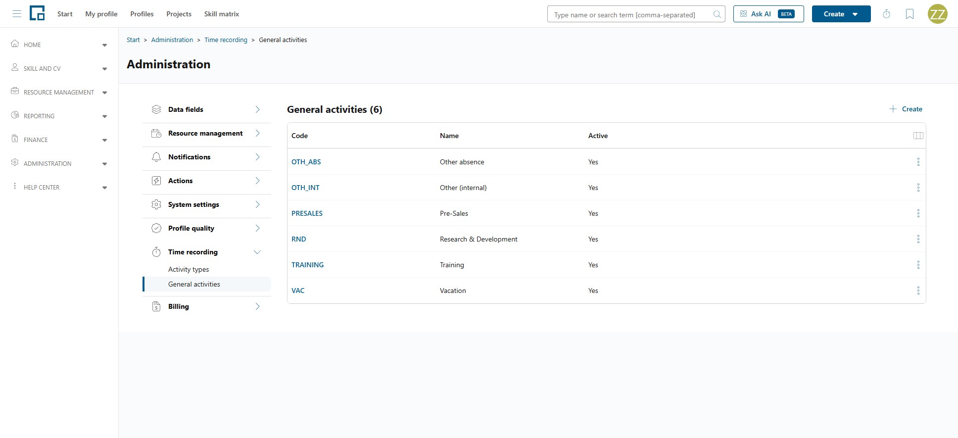General activities grid listing non-project activities such as vacation and training with their code and status